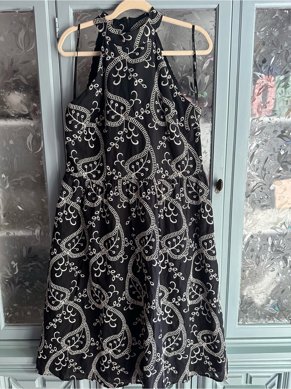 Anne Klein Black Halter Mini Dress with White Embroidery